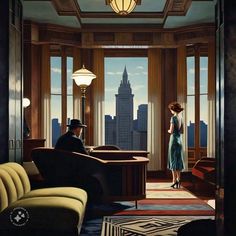 a painting of a man and woman standing in an office looking out the window at skyscrapers