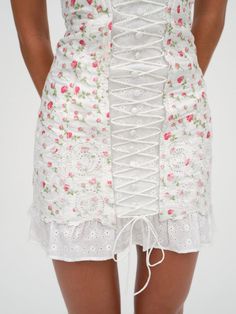 Baela Corset Mini Dress — White | For Love & Lemons Spring Daywear Corset Dress, Fitted Feminine Floral Print Corset Dress, Feminine Spring Corset Dress For Brunch, Fitted Lace Corset Dress For Summer, Spring Corset Dress For Daywear, Feminine Fitted Corset Dress For Spring, Spring Feminine Dress With Corset Back, Spring Feminine Corset Dress With Lace Trim, Fitted Lace Trim Corset Dress For Summer