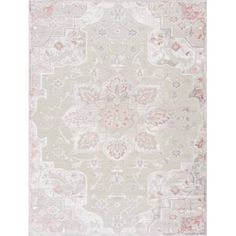 a beige rug with pink and white flowers on the bottom, in front of a white background