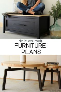 a woman sitting on the floor in front of a coffee table with drawers and legs