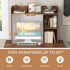 a computer monitor sitting on top of a wooden desk next to a book shelf filled with books