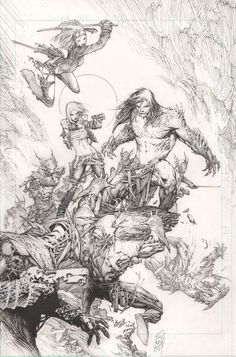 a pencil drawing of zombies attacking people in the air with their heads down and hands out