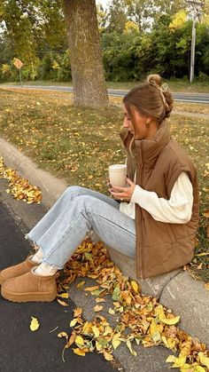 Fall Outfit Dressy Casual, Cute Fall Outfits Uggs, Thanksgiving Break Outfits, Outfits With Tan Boots Ankle, Thanksgiving Flannel Outfit, Apple Farm Outfit, Vest Fall Outfits For Women, Savannah Fall Outfits, Fuzzy Vest Outfits For Women