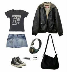 Denim Mini Skirt And Leather Jacket, Outfit Inspo Rockstar Gf, Y2k Rockstar Gf Outfits, Tokio Hotel Inspired Outfit, Mini Skirts Outfits Aesthetic, Rockstar Gf Shoes, Rockstar Gf Fits, Leather Jacket Outfit Summer, The Craft Outfits Inspiration