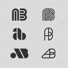 six different types of logos in black and white, each with the letter b on it