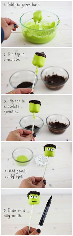 the instructions for making halloween marshmallow pops with googly eyes and chocolate on them