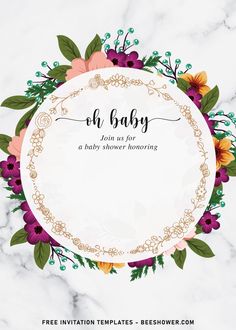 a baby shower sign with flowers and leaves around it on a white marble slab background