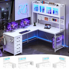 LED L Shaped Gaming Desk with Storage Drawers White Home Office L Shape Gamer Desk Ideas, L Gaming Desk, Gaming Desk Walmart, Gaming Desk L, Long Office Desk, Rgb Gamer Desk, Gaming Desk With Drawers, L Shaped Gaming Desk, L Shaped Computer Desk