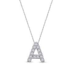 1/20 CT. T.W. Diamond Uppercase Block Initial Pendant in 10K White Gold (1 Letter) | Zales Silver Diamond Initial Necklace With Diamond Accents, Silver Diamond Initial Pendant Necklace, Silver Diamond Initial Necklace In Fine Jewelry Style, Silver Diamond Initial Necklace Fine Jewelry, Silver Diamond Initial Necklace With Accents, Silver Initial Necklace With Diamond Accents, Classic Silver Diamond Initial Necklace, Anniversary White Gold Initial Necklace With Single Diamond, White Gold Initial Necklace With Diamond For Anniversary