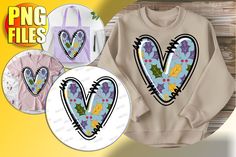 two sweatshirts with flowers and hearts on them, one has the letter v in it