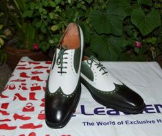 Crafted Leather Classic Green White Leather Wingtip Oxford Dress Shoes on Storenvy Quality Leather Boots, Wingtip Shoes, Custom Design Shoes, Oxford Dress, Oxford Dress Shoes, Wingtip Oxford, Shoe Crafts, Handmade Leather Shoes, White Leather