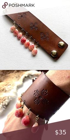 Rhodochrosite Leather Cuff Beautiful genuine leather cuff bracelet, with flower detailing and faceted rhodochrosite teardrops. Handmade in Montana. Diana the Wild Jewelry Adjustable Pink Leather Jewelry, Pink Leather Jewelry As Gift, Pink Leather Jewelry Gift, Pink Leather Jewelry For Gifts, Pink Leather Jewelry For A Gift, Wild Jewelry, Leather Cuff Bracelet, Leather Cuffs Bracelet, Leather Cuffs