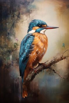 a painting of a colorful bird perched on a tree branch with rain drops falling down