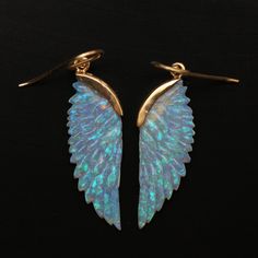 "I took some incredible 15ct custom carved opal wings (13x37x3mm) and turned them into stunning ooak earrings with custom 18k yellow gold settings. Earrings measure 2\" x 1/2\". Layaway available via TotemKitten.com" Opal Dangle Earrings, Custom Carved, Magical Jewelry, Wing Earrings, Fantasy Jewelry, Jewelry Inspo, Opal Jewelry, Pretty Jewellery, Piercing Jewelry