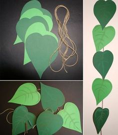 two pictures with green leaves and some string attached to them