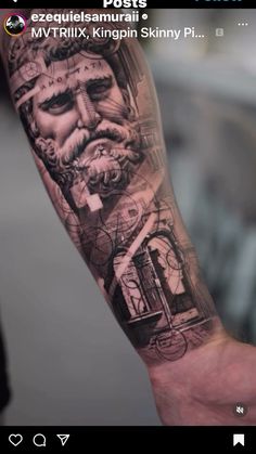 a man's arm with an image of a clock and a face on it