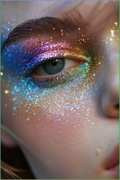 Unicorn Inspired Makeup, Rainbow Festival Makeup, Colorful Festival Makeup, Pride Glitter Makeup, Colorful Glitter Eye Makeup, Rainbow Glitter Makeup, Rainbow Makeup Ideas, Fun Eye Makeup, Rainbow Makeup Looks