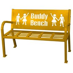 a yellow bench with the words buddy bench painted on it's back and two children holding hands