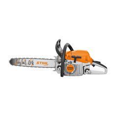 an orange and black chainsaw on a white background with the words stihl