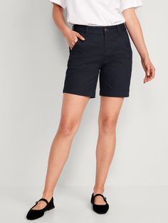 Buttoned front, with belt loops at waist.  Zip fly.  Diagonal hip pockets; decorative welt pockets in back.  Soft-washed cotton twill with comfortable stretch.  Sits right at your belly button.  Relaxed hip and thigh.  Women's Bermuda shorts hit above knee.  7" inseam (sizes XXS-M), 7 1/4" inseam (size L), 7 1/2" inseam (sizes XL-XXL).  Models are approximately 5'9" and are wearing sizes S (numeric size 4), L (numeric size 12), and XL (numeric size 18). machine wash according to the care instruc Shorts For Short Women, Best Shorts, Blue Woman, Old Navy Women, Nice Shorts, Bottom Clothes, Summer Sale, Belly Button, Welt Pockets