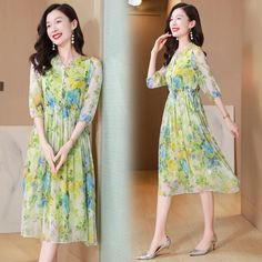 SPECIFICATIONSBrand Name: BIRDTREE TBElasticity: Non StrechSleeve Style: regularFabric Type: SilkPattern Type: FloralFit Type: Regulai FitSilhouette: A-LINENeckline: V-NeckDecoration: noneStyle: Office LadyDresses Length: Mid-CalfMaterial: SilkMaterial: ViscoseAge: MIDDLE AGEOrigin: Mainland ChinaCN: ZhejiangSeason: SummerClosure Type: PulloverType: regularMaterial Composition: Natural FiberWaistline: NaturalSleeve Length(cm): WristRelease Date: Summer 2024Profile Type: AModel Number: D45022QMPl Green A-line Chiffon Summer Dress, Green A-line Chiffon Dress For Summer, Green Chiffon A-line Summer Dress, Spring Party Green Chiffon Dress, Green A-line Chiffon Dress For Spring, Green Half Sleeve Maxi Dress For Summer, Green Knee-length Chiffon Summer Dress, Green Knee-length Chiffon Dress For Spring, Knee-length Green Chiffon Dress For Summer