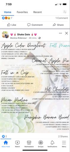 an iphone screen with the text'apple cider breakfast menu'on it, along with images of flowers and succulents