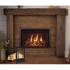 a wood burning fireplace in a living room