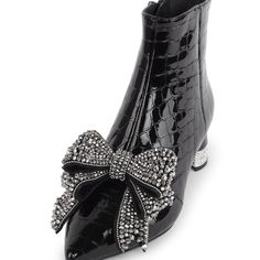 Jeffrey Campbell Luci Embellished Bow Booties Size 6. These Were Store Display, Otherwise Brand New. 1 1/4” 5” Shaft Side Zipper Closure Leather Upper And Lining/Synthetic Sole. Formal Boots With Rhinestone Rivets And Pointed Toe, Elegant Black Boots With Bling, Elegant Leather Boots With Bling, Silver Pointed Toe Boots With Rhinestone Rivets, Elegant Silver Studded Boots, Elegant Flat Heel Boots For Party, Elegant Flat Heel Party Boots, Party Boots With Studs And Flat Heel, Elegant Round Toe Boots With Silver Studs