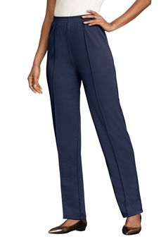 A great addition to your wardrobe with a multi-stitched elastic waist and front creases. Layer with your favorite tunic for effortless style. 29" inseam27" petite inseamPolyMachine washImported  | Plus Size Women's Crease-Front Knit Pant by Roaman's in Navy (Size 34 W) Loosely Fitted Pull-on Style Sweatpants, Classic Straight Leg Sweatpants With Elastic Waistband, Comfort Stretch Pull-on Ankle-length Sweatpants, Comfort Stretch Ankle-length Pull-on Sweatpants, Fitted Straight Leg Pull-on Sweatpants, Versatile Pull-on Bottoms For Daywear, Casual Tapered Leg Pull-on Dress Pants, Elegant Pull-on Pants For Daywear, Elegant Pants With Elastic Waistband And Comfort Stretch