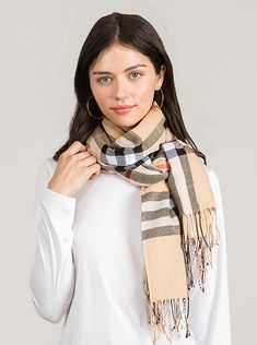 Pashmina scarf in a designer beige plaid. The weight and feel of this scarf is ideal for year round wear. 60" x 170". Classic Beige Scarf For Fall, Classic Beige Scarves For Fall, Cream Shawl Scarf For Fall, Classic Beige Shawl For Fall, Classic Beige Scarves, Trendy Beige Scarf For Winter, Trendy Beige Scarf For Fall, Trendy Beige Winter Scarf, Beige Plaid