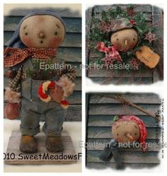 four different pictures of a stuffed animal wearing overalls and holding a red hat with one hand