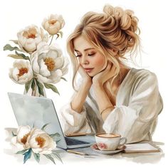 a painting of a woman using a laptop