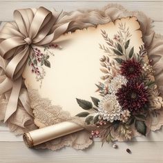 an old paper with flowers on it and a ribbon around the edges, is displayed