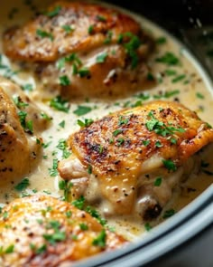 three pieces of chicken in a white sauce and garnished with fresh parsley