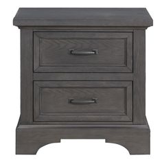 a dark wood night stand with two drawers on one side and an open drawer on the other