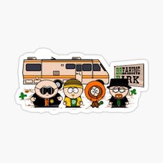 three cartoon characters are standing in front of an rv with the words breaking bad on it