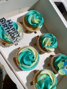 cupcakes with blue and yellow frosting in a box