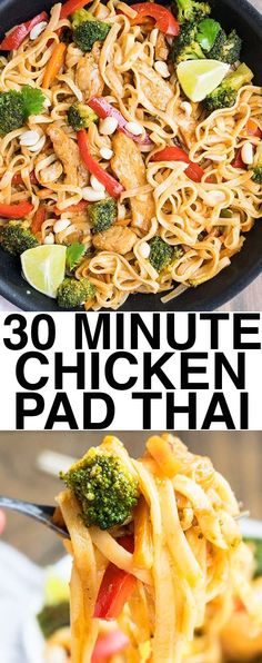 chicken pad thai noodles with broccoli and red peppers in a black skillet