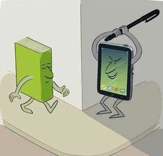 an image of a cartoon character with a cell phone next to a bookshelf