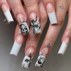 French Tip Black, Cross Nails, Skull Nails, White French Tip, Goth Nails, Nails Set, Really Cute Nails