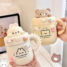 Kawaii Bear & Bunny Thermos Mug Kawaii Cups, Thermos Mug, Kawaii Bear, Cute Water Bottles, 강아지 그림, Thermal Cup, Tanah Liat, Cute Stationary, Cute Kitchen