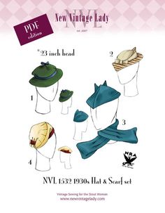 NVL 1930s Hat Quartet with Scarf repro pattern 23 inch head in PDF 1532 1930s Hats, Hat Sewing Pattern, Hat Sewing, Velvet Turban, Veiled Hats, Knitted Beret, Vintage Lady, 1930s Fashion, Scarf Set