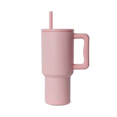 thermos travel mug in pink is shown on a white background and has a handle for