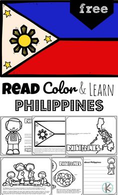 the philippines flag with text that reads read color and learn philippines