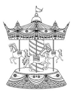 a black and white drawing of a merry go round horse with two horses on it