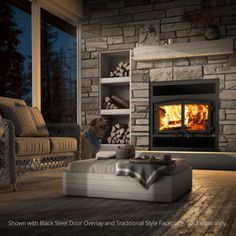 a living room filled with furniture and a fire place in the middle of it's fireplace