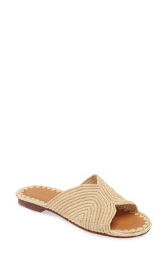 Beachy raffia with a wavy design adds interest to a leather-footbed sandal that's perfect for sunlit days. Textile and leather upper/leather lining and sole Imported Beige Sandals With Leather Sole For Vacation, Elegant Straw Sandals For Vacation, Chic Beach Sandals With Woven Sole, Chic Sandals With Removable Insole For Beach Season, Closed Toe Beach Sandals With Textured Sole, Beach Sandals With Textured Sole And Closed Toe, Closed Toe Sandals With Textured Sole For Beach, Elegant Beach Sandals With Woven Sole, Elegant Vacation Mules With Removable Insole