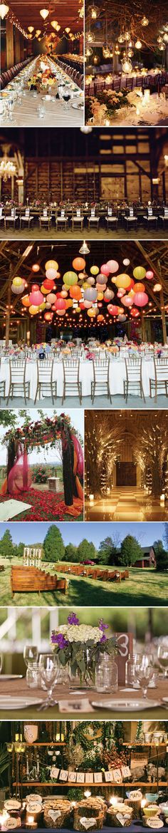 multiple pictures of different types of umbrellas hanging from the ceiling and tables in front of them