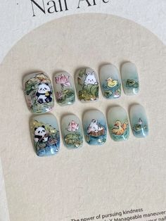 Vintage Press On Nails, Cute Nails Drawing, Nails Japanese Design, Nail Press On, Cute Cat Nail Art, Painting Nails Ideas, Paint Press On Nails, Otter Nails, Dino Nails Art