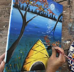 Moonlight Kayak Acrylic Painting Tutorial First Person Point Of View, Sparkling Night, Painted Paddles, Lake Scene, Apple Barrel, Paint Thinner, Learn How To Paint, Under The Moon, Night Landscape